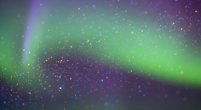 Vibrant celestial aurora with shimmering particles and ethereal cosmic blend of green and purple - Powered by Adobe