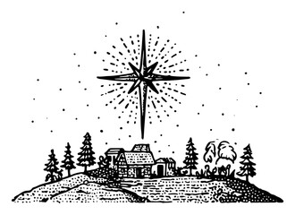 Christmas night landscape with shining Bethlehem star over house and pine trees vector illustration in vintage engraving style