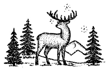 Hand drawn deer standing in winter forest with pine trees and mountains vector illustration black and white stippled nature scene