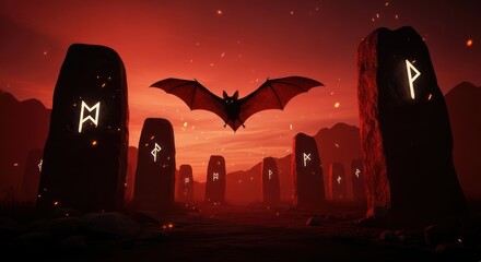 Bat soaring over rune-etched stones in eerie orange twilight mystery landscape