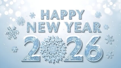 Happy New Year 2026 greeting card with snowflakes and blue background.
