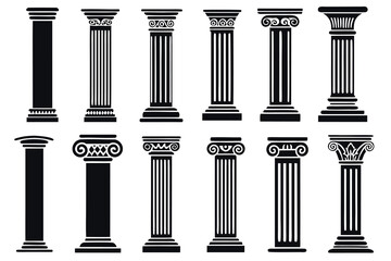 Classic Greek Columns Architectural Design Elements Set for Construction Projects and Decoration, silhouette,Clipart collection ancient columns in outline and silhouette formats
