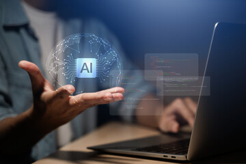 AI assistant technology concept with businessman presenting digital interface, representing artificial intelligence, chatbot interaction, generative AI, machine learning, and smart automation.