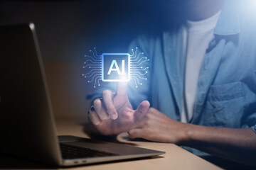 AI assistant technology concept with businessman presenting digital interface, representing artificial intelligence, chatbot interaction, generative AI, machine learning, and smart automation.
