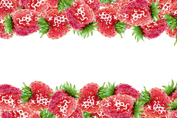 A horizontal frame of juicy strawberries. A red summer berry wreath. Hand drawn watercolor illustration. Copy space template for design cosmetics, fruit snacks, marmalade, candies, chewing gum, menu