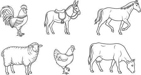 Black and white farm animal vector set featuring rooster, donkey, horse, sheep, hen, and cow for educational and design use