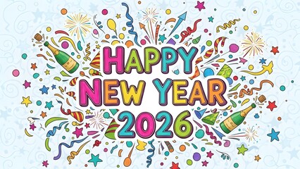 Colorful Happy New Year 2026 celebratory graphic with fireworks, confetti, and champagne bottles.