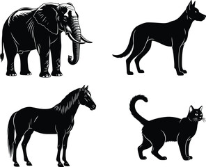 Black animal silhouettes of elephant, dog, horse, and cat isolated on white background for vector design, icon, and decoration use.