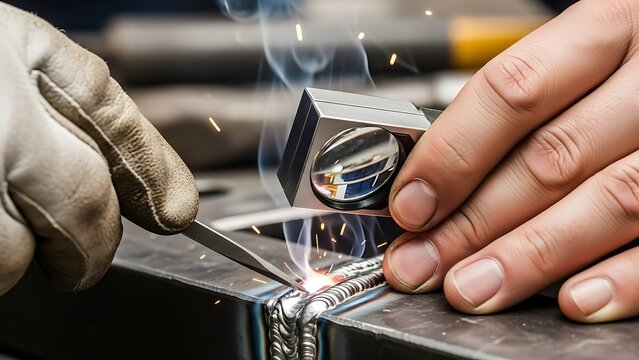 Precision craftsmanship welding with magnifying glass tool inspection