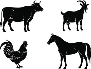 Farm Animal Silhouettes Vector Set Featuring Cow, Goat, Rooster, and Horse Icons for Agriculture, Livestock, and Rural Design Themes