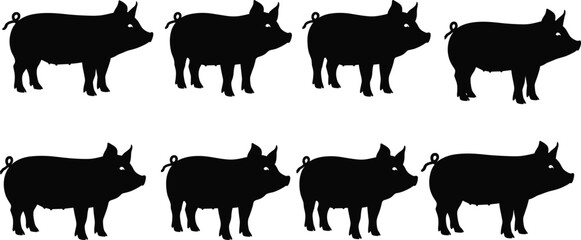 Pig silhouette vector set featuring eight black pig shapes in uniform style for farm animal design, decoration, and educational use