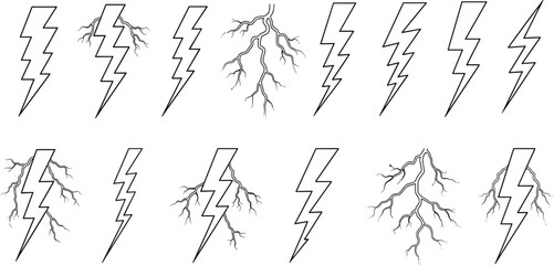 Lightning bolt icons, electric energy symbols, thunder strike vector, power surge design, stylized electricity flash, graphic storm bolt silhouette