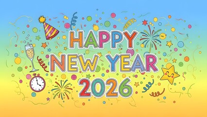 Colorful Happy New Year 2026 greeting card with festive party elements like confetti, fireworks, champagne, and a party hat on a gradient background.