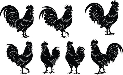 Set of Black Rooster Silhouette Illustrations in Various Poses for Farm Animal, Poultry, Tattoo, Logo, and Graphic Design Use