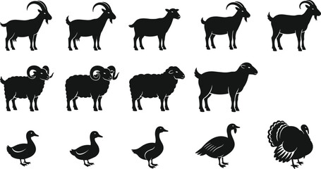 Silhouettes of Farm Animals Including Goats, Sheep, Ducks, Pig, Goose, and Turkey for Agricultural, Rural, and Livestock Vector Design