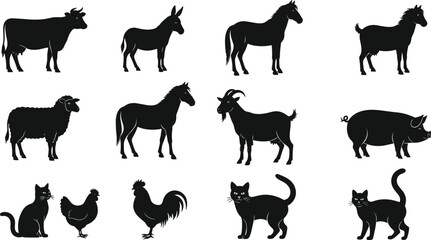 Silhouette vector set of farm animals including cow, horse, pig, goat, sheep, hen, rooster, cat, donkey, and more