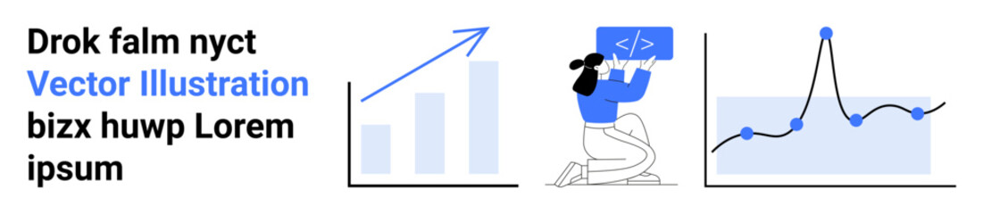 Business growth, data analysis, coding, digital strategy, statistics, performance monitoring. Includes charts, upward arrows person coding. Business growth and data analysis visualization