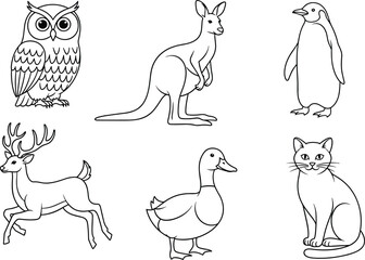 Wildlife and Domestic Animal Line Art Set Featuring Owl, Kangaroo, Penguin, Deer, Duck, and Cat in Vector Style