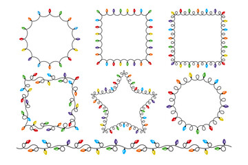 Set of Christmas lights frames with round and square shape. Colorful string lightbulb garland border. Vector holiday decorative elements for greeting cards, invitations, banners, posters