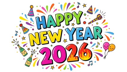 Colorful illustration celebrating the arrival of the New Year, featuring the year 2026.