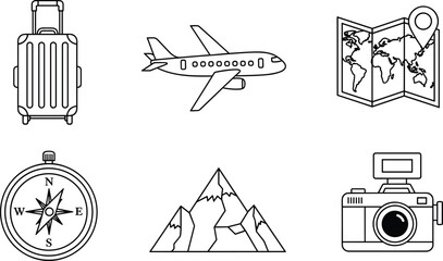 Black and white travel icon set with suitcase, airplane, map, compass, mountain, camera for tourism, adventure, vacation themes © Rayhan