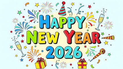 Colorful Happy New Year 2026 greeting with festive fireworks, champagne, gifts, and party decorations on a light blue background.