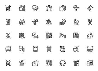 Budget and Expense icon set. Finance vector icons pak. Includes shopping cart,wallet, travel, food, incoe, insurance, entertainmen and more. Editable stroke