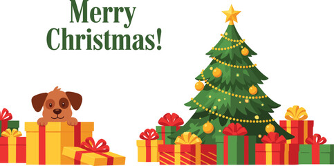 Cartoon dog with Christmas gifts and tree, festive holiday scene with decorations, presents, ornaments, lights, celebration, winter joy