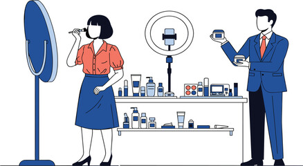 Beauty influencers creating content with cosmetics, skincare products, ring light, mirror, and makeup tools in a modern filming setup.