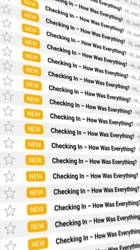 Checking In emails appear one after another in an animated inbox display. Perfect for themes of digital overload, communication, spam, or customer follow-up in the modern world.