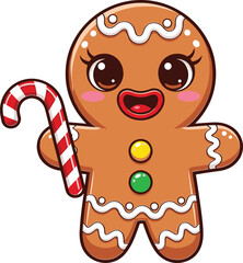 Cheerful gingerbread man holding candy cane with festive icing, colorful buttons, and holiday charm in cartoon Christmas vector illustration