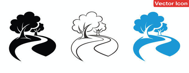 Ecology icon. Set of icons for environmental protection, earth, renewable energy, leaf, recycling, green energy, green icons,Scenic path through trees illustration black line blue,