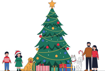 Festive Christmas family scene with decorated tree, gifts, children, dogs, holiday outfits, joyful celebration, winter season, cozy home atmosphere