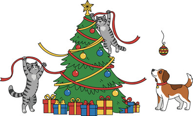 Festive Christmas pets with decorated tree, playful cats, curious dog, holiday gifts, ornaments, ribbons, winter celebration, seasonal vector illustration
