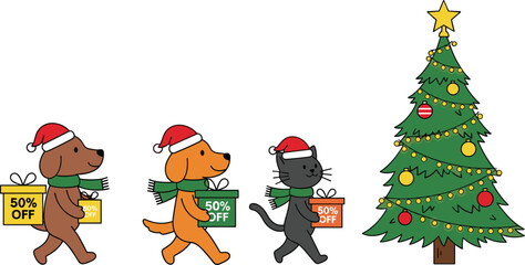 Festive Christmas pets with Santa hats and gifts walking to decorated tree for holiday sale, winter discount, seasonal celebration vector