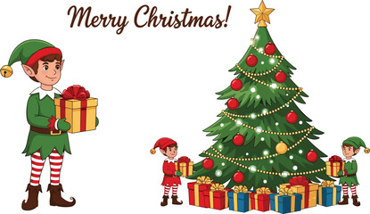 Festive Christmas tree with cheerful elves and colorful presents, holiday celebration scene perfect for seasonal greeting cards and decorations.