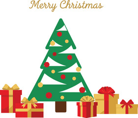 Festive Christmas tree with colorful ornaments and wrapped gift boxes under golden Merry Christmas text in holiday celebration vector scene