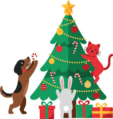 Festive Christmas tree with playful dog, cat, and rabbit surrounded by gifts, ornaments, candy canes, and holiday decorations vector illustration