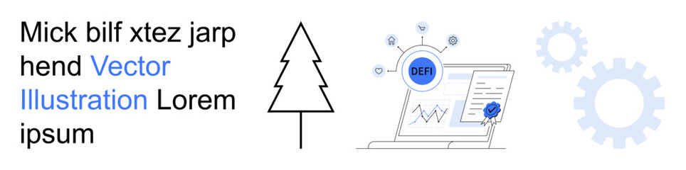 Digital finance, blockchain, data technology, sustainability, fintech, innovation. Abstract elements including gears, tree and DEF-annotated chart on a screen. Digital finance and blockchain concept