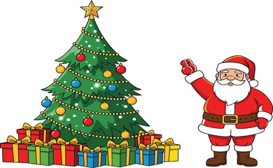 Festive Christmas tree with Santa Claus, colorful gifts, ornaments, holiday decorations, winter celebration, seasonal joy, vector cartoon illustration.