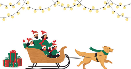 Golden Retriever Pulling Sleigh with Happy Family, Christmas Gifts, Winter Lights, Festive Holiday Scene, Red Green Outfits, Snow Celebration Vector