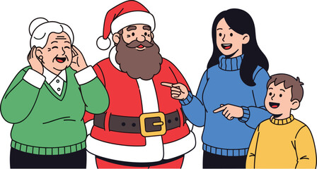 Happy multigenerational family celebrating Christmas holiday together with Santa Claus, festive clothing, cheerful expressions, winter season, joyful gathering indoors