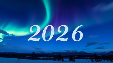 The year 2026 is illuminated against the backdrop of the aurora borealis