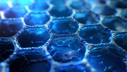 A mesmerizing macro view of a glowing blue hexagonal cellular structure, an abstract representation of futuristic biotechnology or nanotechnology