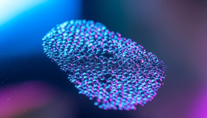 Futuristic glowing neon cluster of microscopic particles forming an organic cellular structure under vibrant blue and pink light