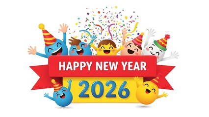 Happy New Year 2026 illustration with cartoon characters and confetti.
