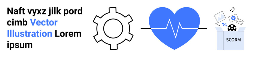 Gear connects to a blue heart with a heartbeat line leading to a SCORM file envelope. Ideal for workflow, health tech, e-learning, data sharing, digital processes, automation, simple landing page