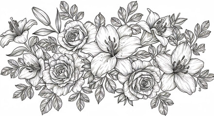 An artfully drawn monochromatic floral sketch features graceful lilies and blooming roses in a delicate arrangement. AI Generated