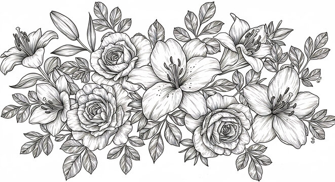 An artfully drawn monochromatic floral sketch features graceful lilies and blooming roses in a delicate arrangement. AI Generated