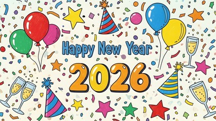Colorful illustration celebrating Happy New Year 2026 with balloons, confetti, party hats, and champagne glasses.